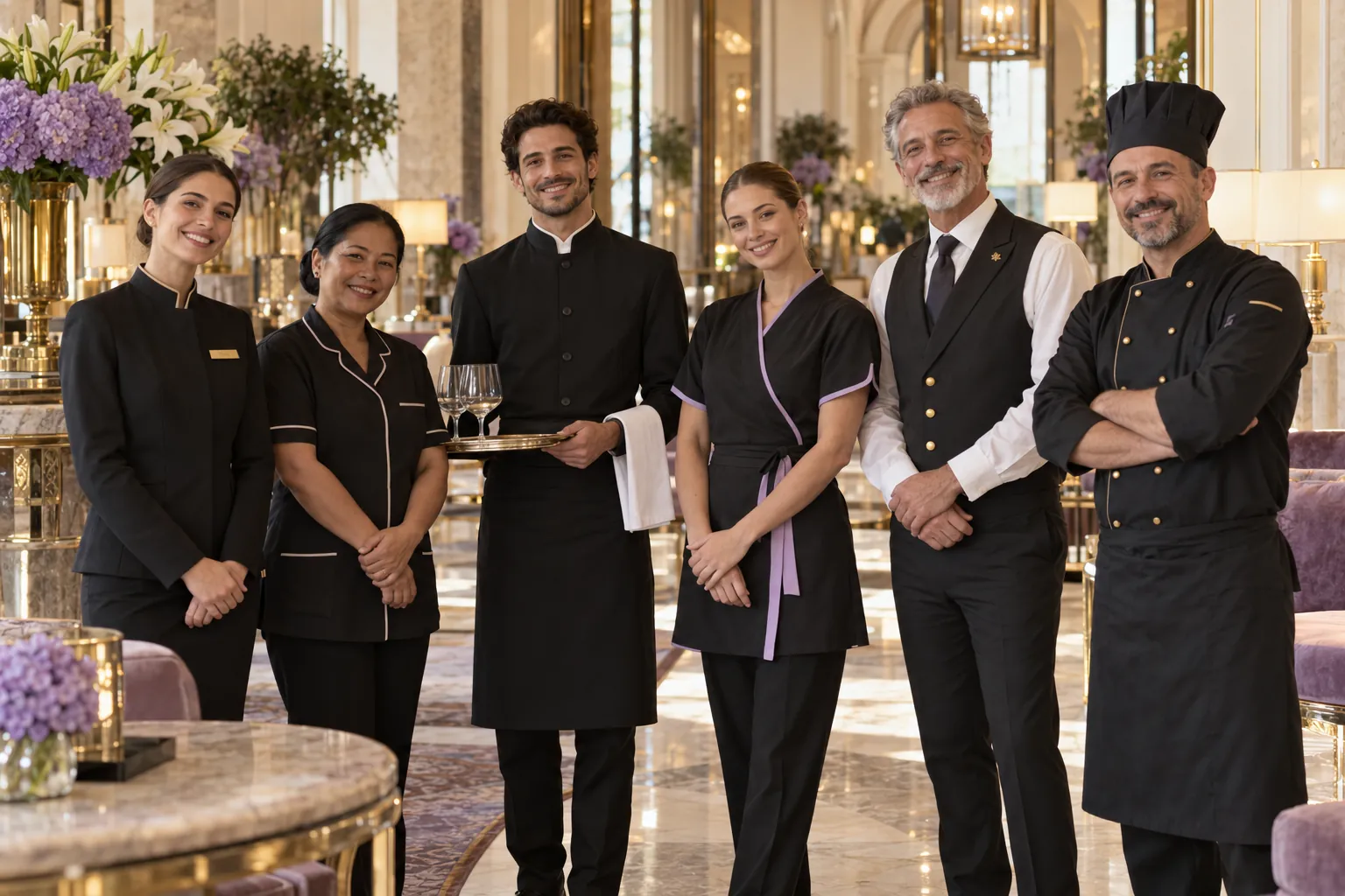 Sei membri dello staff di un hotel in divise coordinate nella hall: receptionist, governante, cameriere, addetta spa, maître e chef