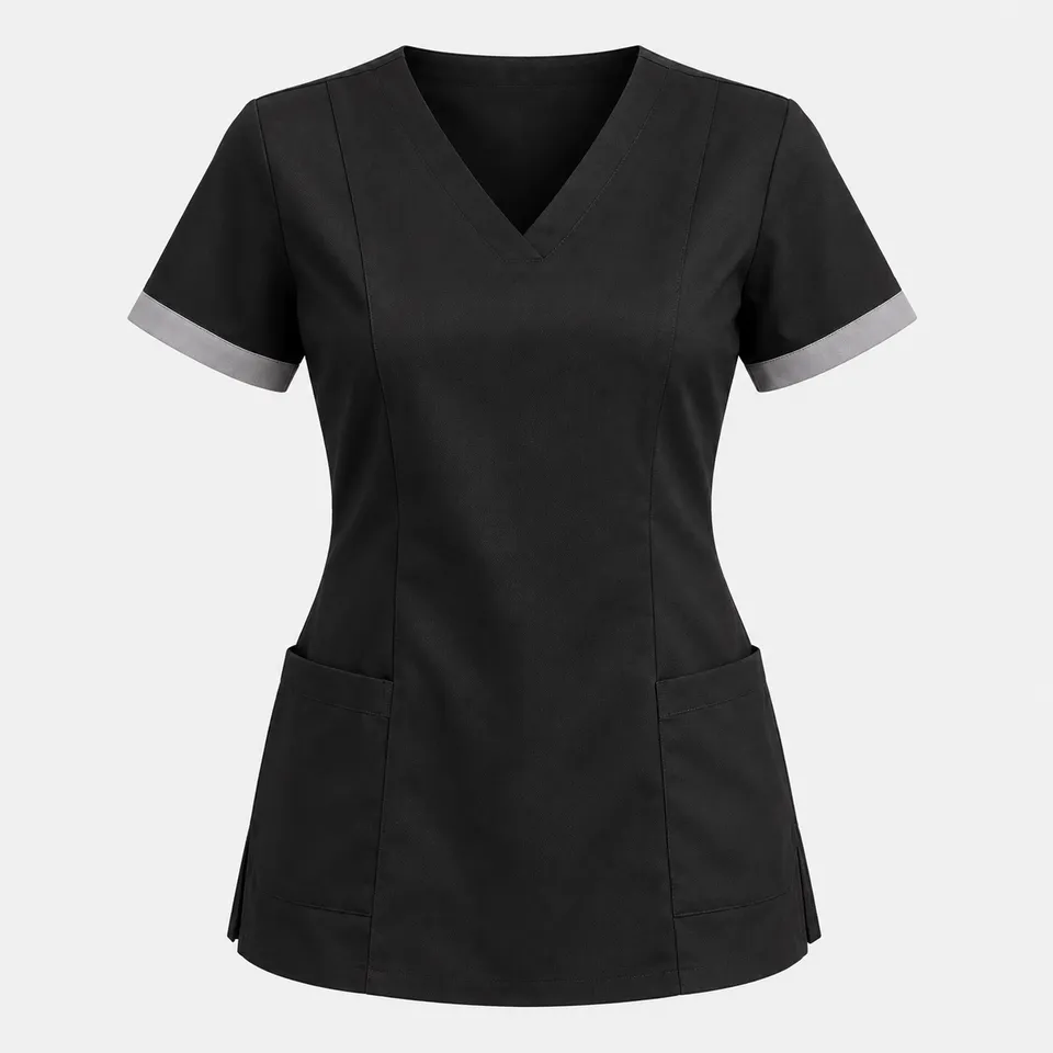 Black V-neck smock with grey sleeve trims and two pockets