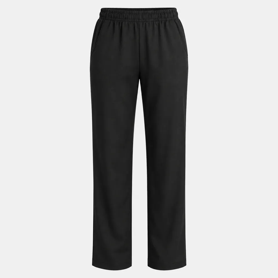 Black straight-leg trousers with elasticated waist