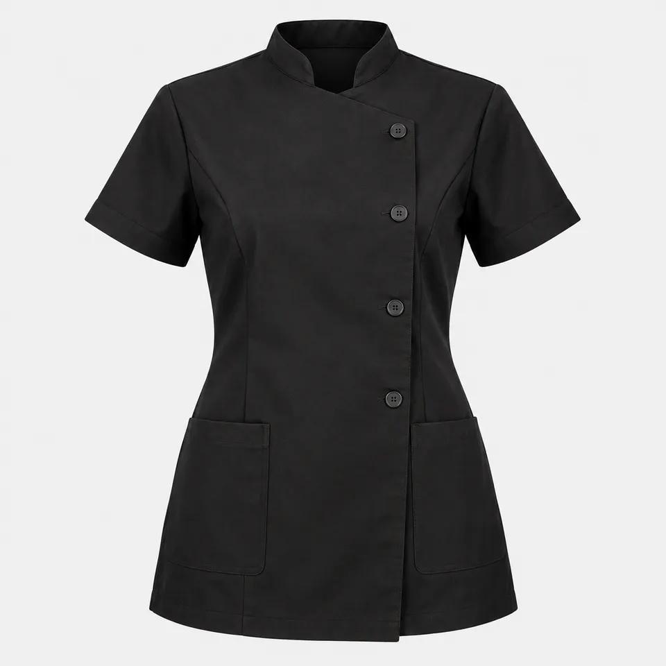 Black short-sleeved tunic with mandarin collar, side buttoning and two pockets