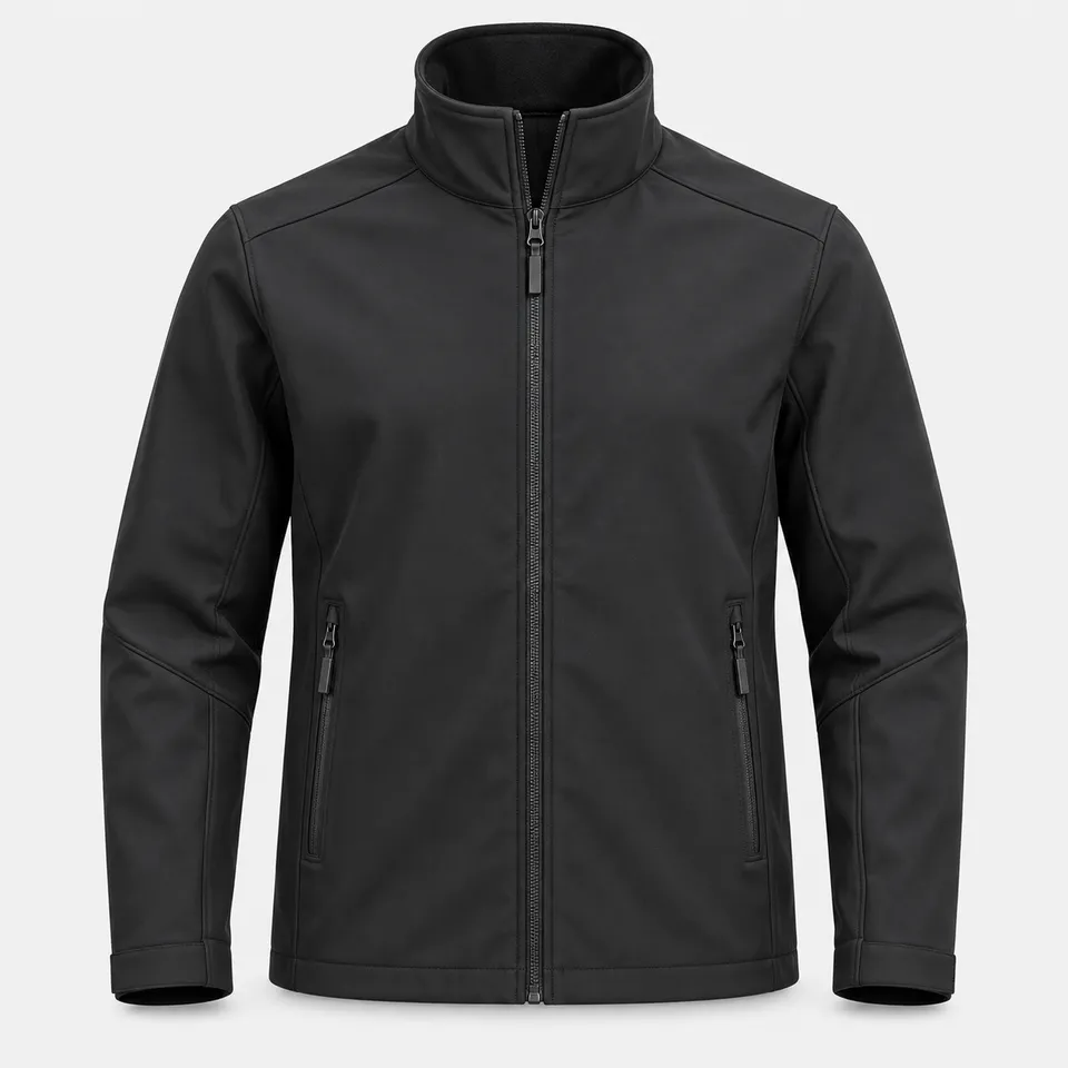 Giacca softshell nera con zip intera, collo alto e tasche con zip