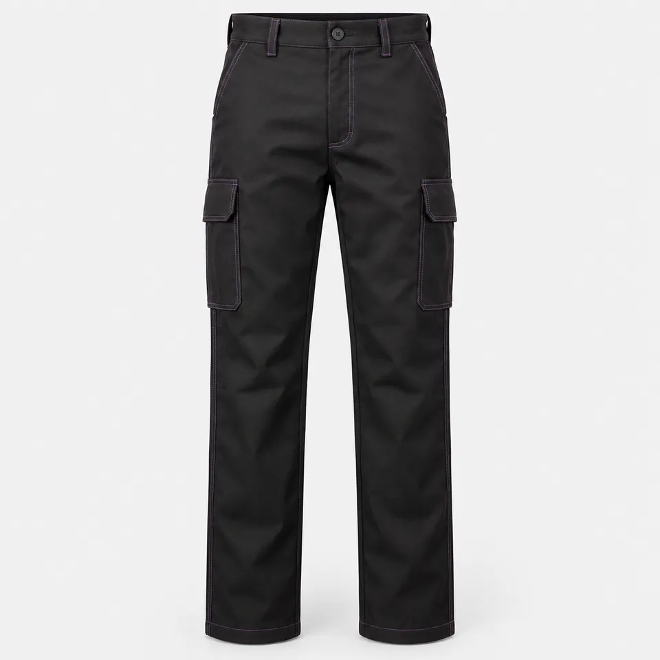 Pantaloni da lavoro neri con tasche laterali e cuciture lilla