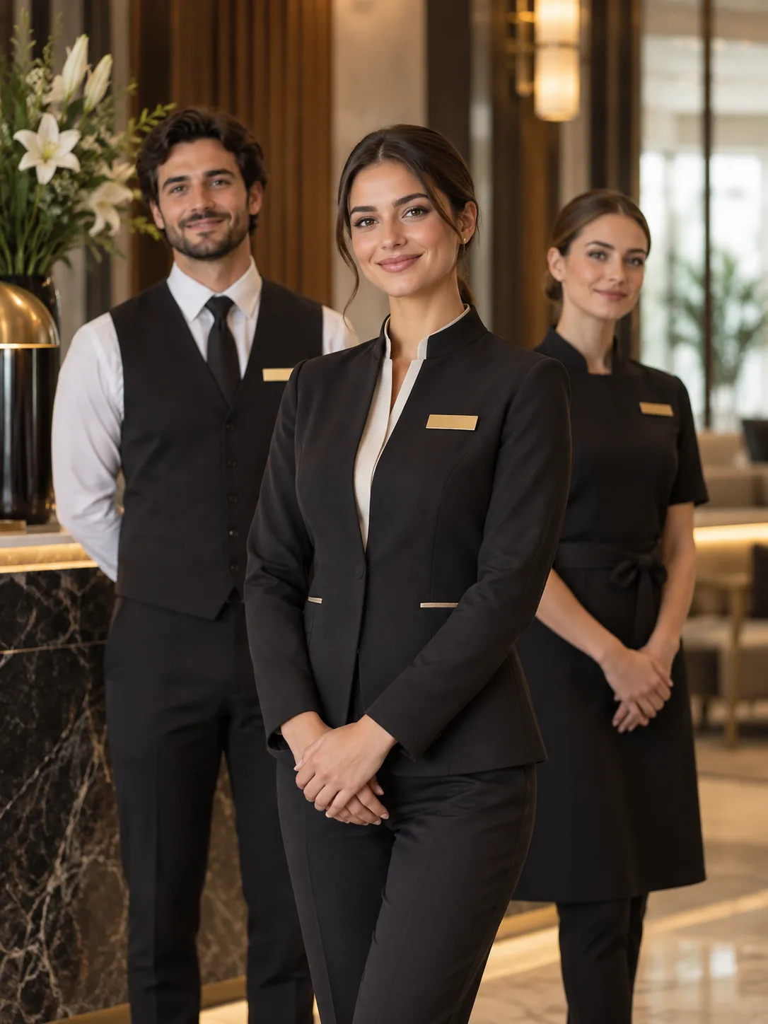 Tre membri dello staff di un hotel in divisa nera con dettagli dorati, nella hall della struttura