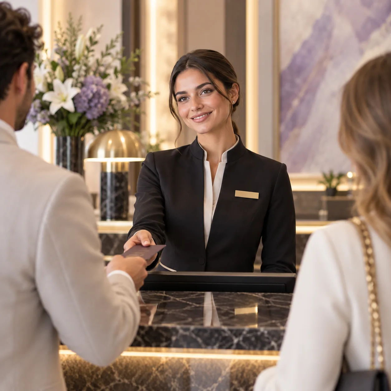 Receptionist in divisa nera con dettagli dorati consegna una chiave alla reception dell'hotel